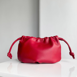本革 巾着ショルダーバッグ 名入れ キーホルダー付き レザーバッグ red