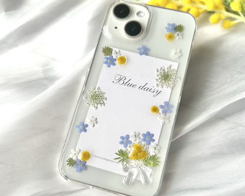 ハンドメイド　勿忘草とミモザとかすみ草の押し花　スマホリング/バンカーリング ハンドメイド勿忘草とミモザとかすみ草の押し花スマホリング