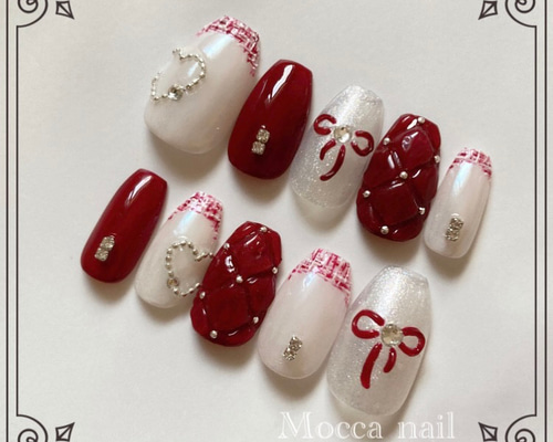 ツイードとぷっくりリボン ガーリーフレンチ キルティング パール