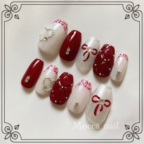 ツイードとぷっくりリボン ガーリーフレンチ キルティング パール