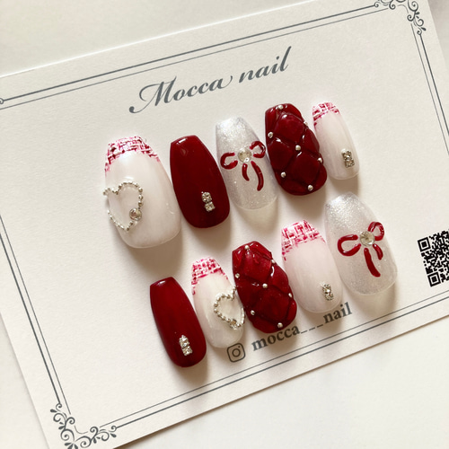 12))ネイルチップ フレンチガーリー ボルドーネイル リボンネイル