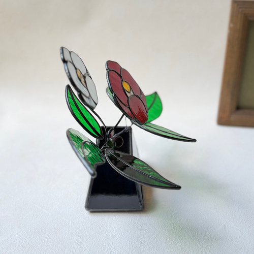 紅白のめでたい椿、千両、冬の花、冬の彩り♢、ステンドグラス、ガラス