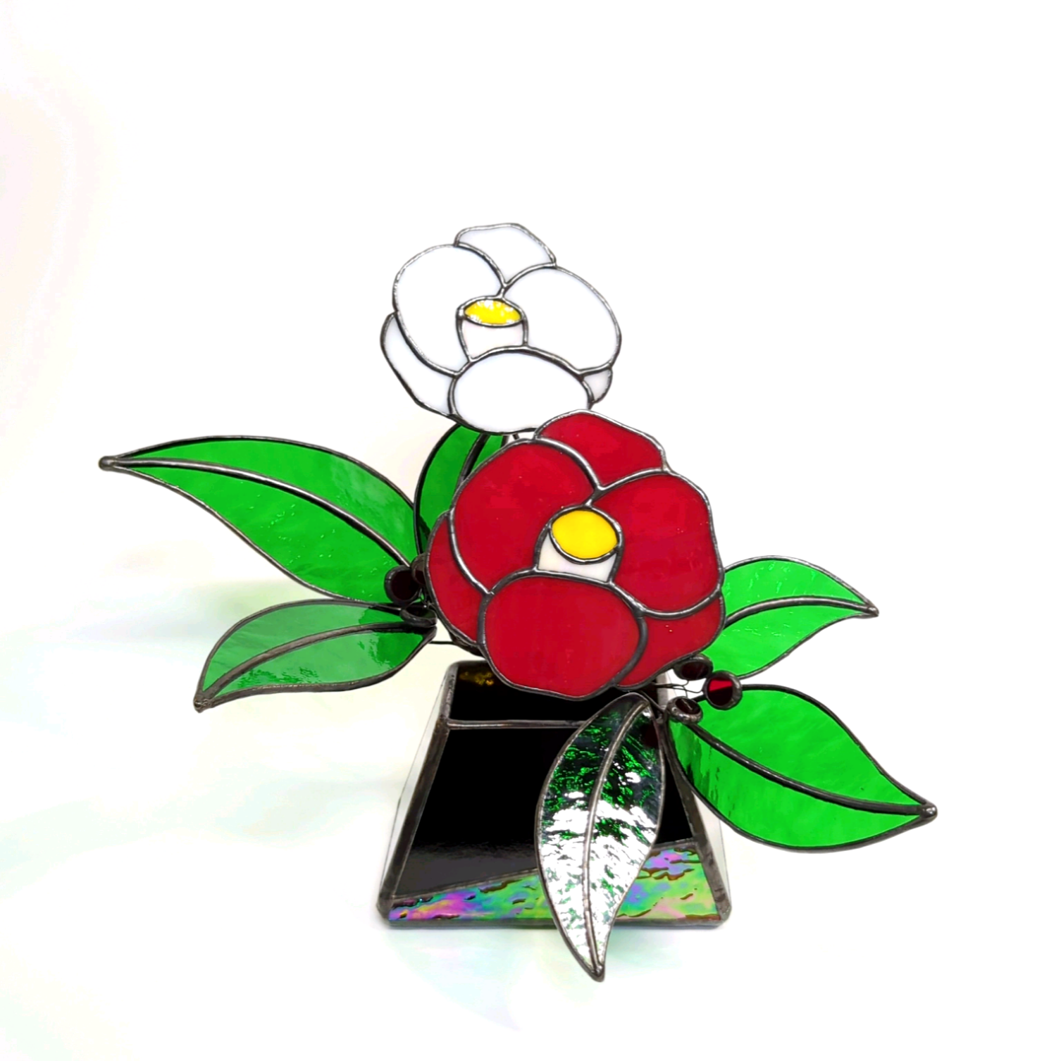 ガラス花瓶　椿模様 紅白のめでたい椿、千両、冬の花、冬の彩り♢、ステンドグラス
