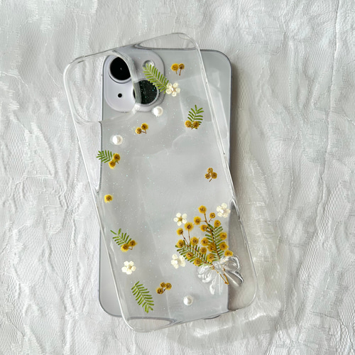 ミモザ ぷっくりリボンiPhone17対応 iPhoneケース スマホケース 押し花