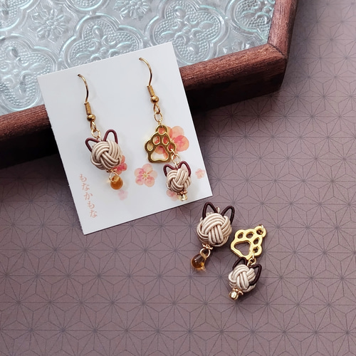 ฅ❤️ レジン 猫 ねこ 水引 梅結び 和柄 着物 ピアス イヤリング