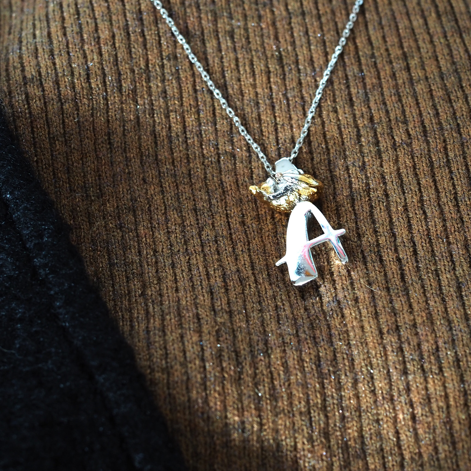 眠り茶白猫のイニシャルSilverペンダントA