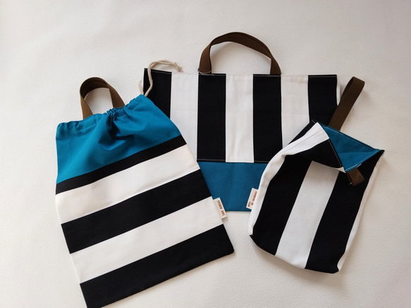 レッスンバッグ（黒ボーダー×ターコイズ）/Lesson bag/School bag 【通園・通学】 4枚目の画像