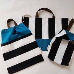 体操着入れ（黒ボーダー×ターコイズ） / drawstring gym bag【通園・通学】 4枚目の画像