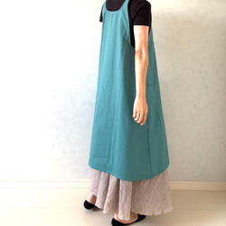 艶やかブルーグリーン✴︎そのままお出かけOK！ワンピース仕立ての2wayエプロン 12枚目の画像