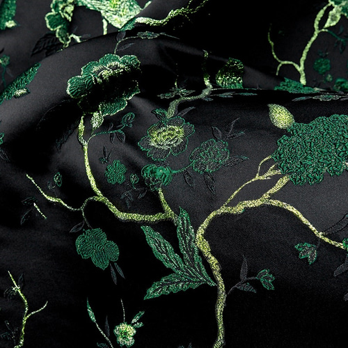 有松絞り 緑地に黒色の花柄 金襴生地販売 桐菊花鳳凰 (黒)柄の和柄生地通販なら都香庵