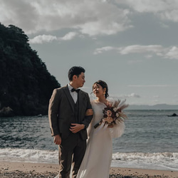 実例写真！パーティードレス テラコッタ色 オフショルダー 編み上げ 前