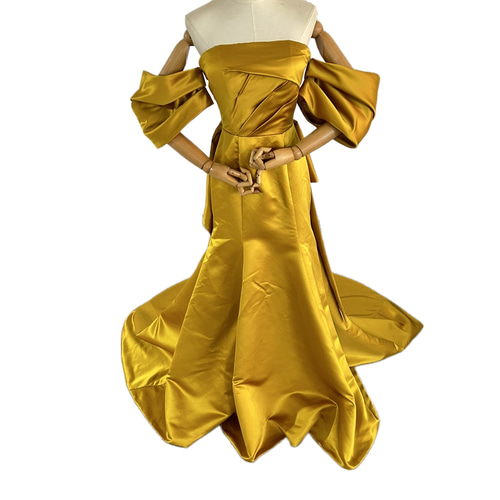 人気上昇！ カラードレス イエロー 姫袖 マーメイド ファスナー ベア  