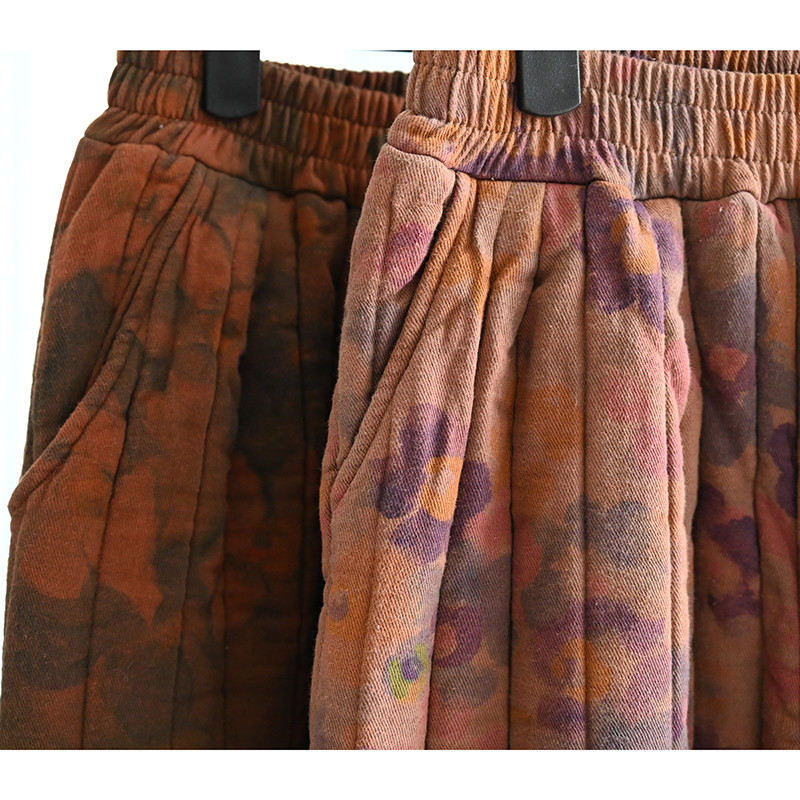 手染め中綿パンツ　100%コットン暖かいパンツ　キルティングゴムウエストパンツ　2色　フリーサイズ　　L516