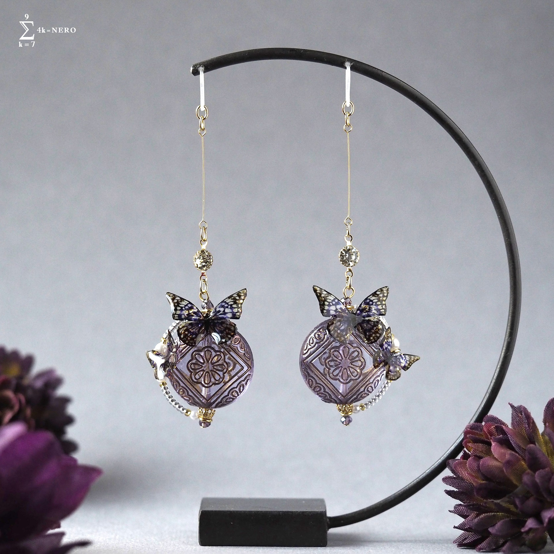 【一点物】耳飾り 夜と蝶々の空中ブランコ イヤリング/ピアス