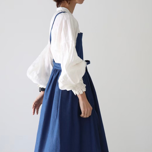 かすみん[[現品のみ]]翌日発送可能♡エプロンドレス♡110〜130cm 岡山児島デニムで仕立てた、ギャザーたっぷりエプロン／ライトオンス
