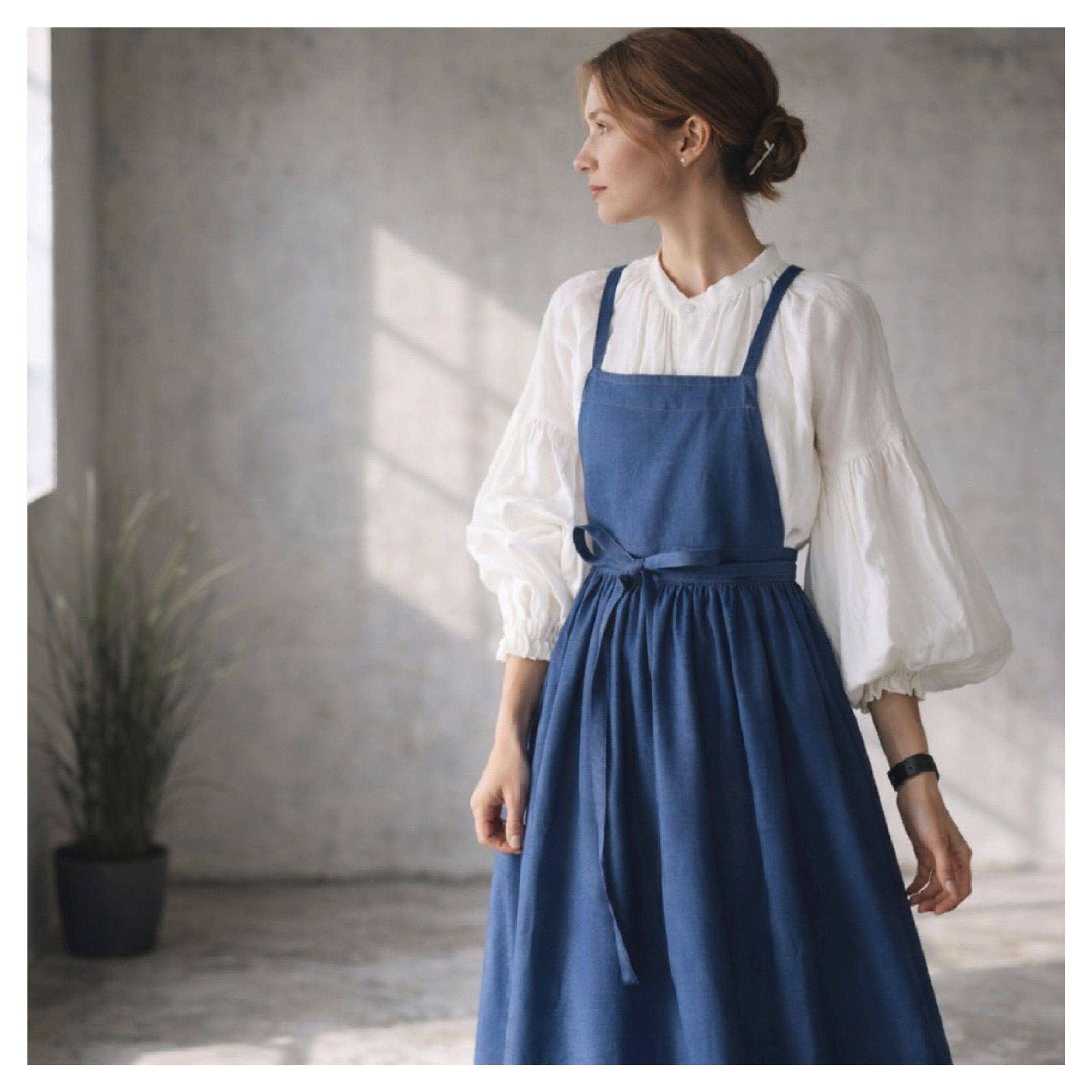 岡山児島デニムで仕立てた、ギャザーたっぷりエプロン／ライトオンスソフトデニムエプロンドレス／エプロンワンピース／ブルー