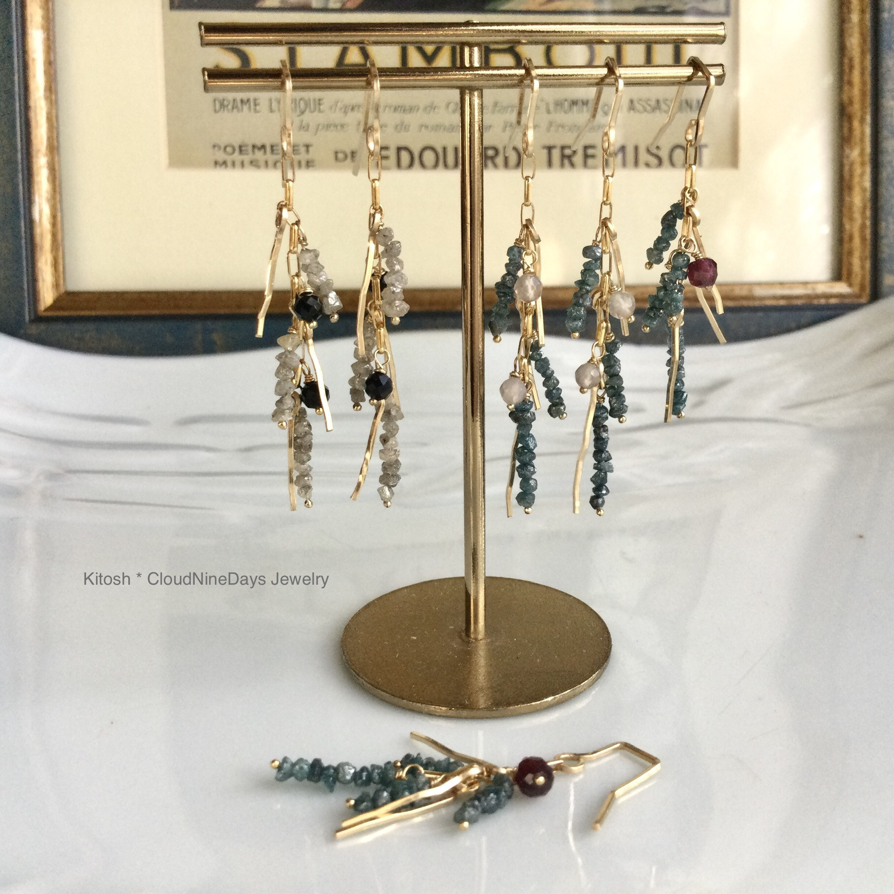 原石ダイヤモンドモコモコピアス✳︎シャラシャラ✳︎14kgf✳︎イヤリング、マルカン変更可✳︎4月誕生石