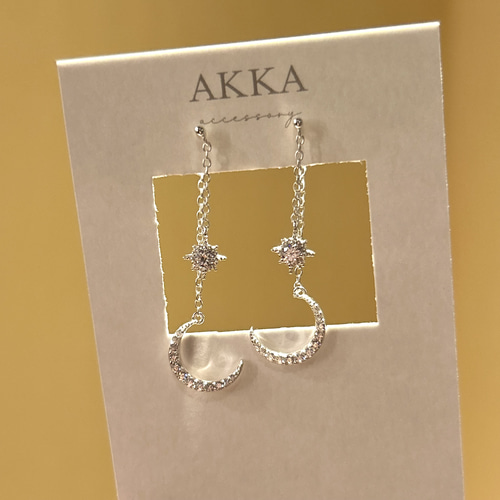 S925製◇ 月と星のチェーンイヤリング 月 星 ビジュー チェーン