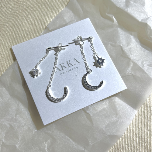 S925製◇ 月と星のチェーンイヤリング 月 星 ビジュー チェーン