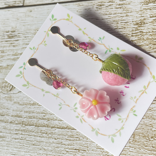 受注生産》桜の練り切りと桜餅のイヤリング/ピアス♡フェイクスイーツ
