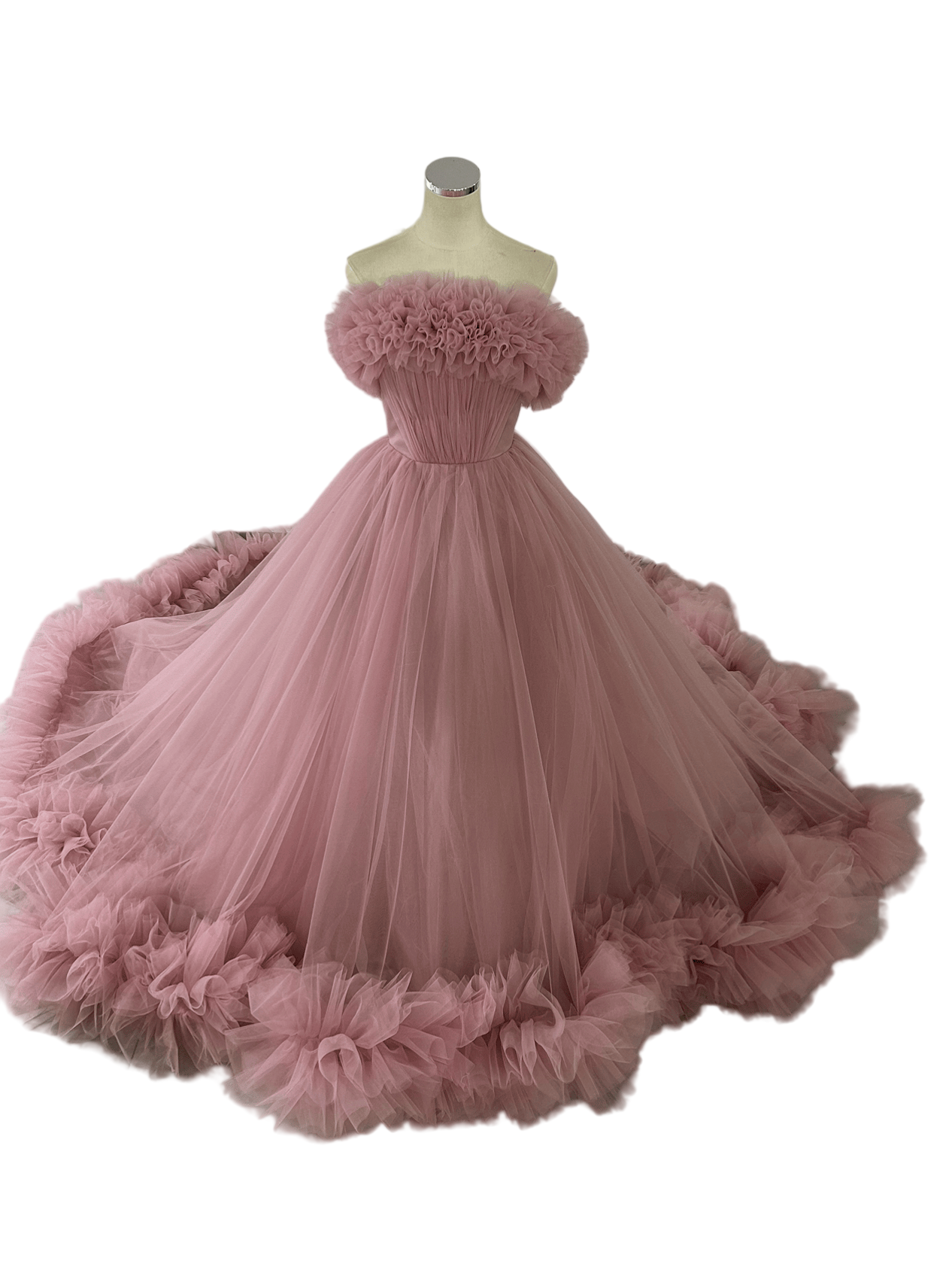 人気上昇！カラードレス ピンク オフショルダー ラッフルフリル 結婚式 可愛い 華やかなトレーン