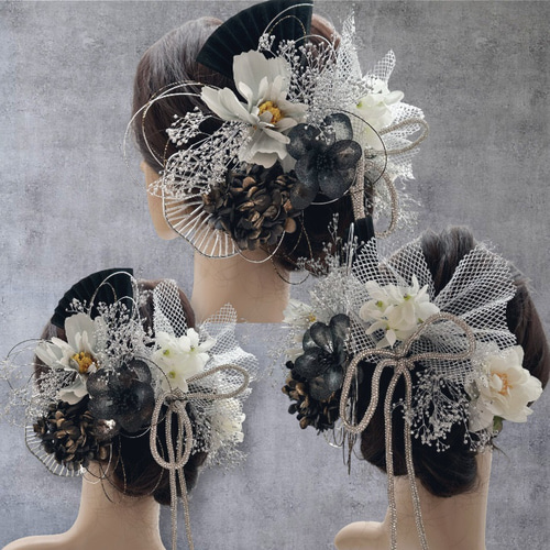 ディップアート 髪飾り 成人式 卒業式 結婚式 白 黒 ゴールド シルバー