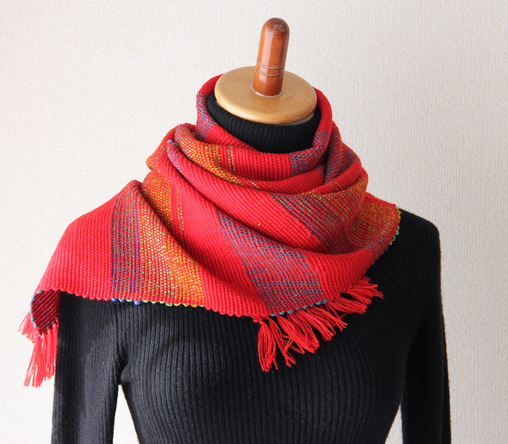 《アクセントカラーを楽しむ》ウール手織りマフラー  レッド/プレゼント/秋冬
