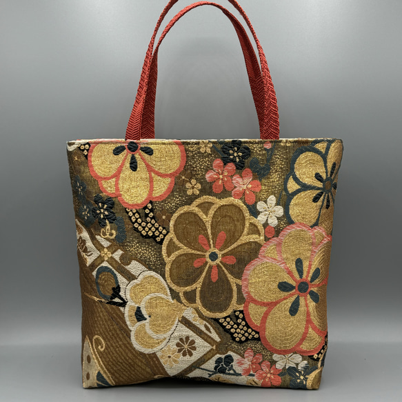 着物 帯 帯締め ハンドメイド トートバッグ リメイク 金 花 六通柄袋帯