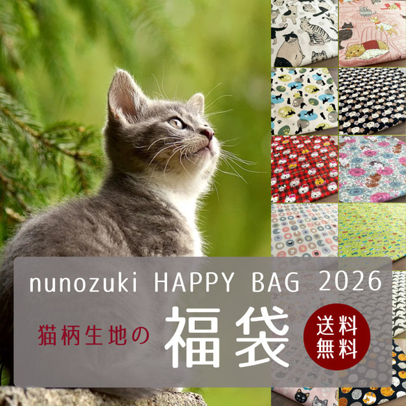 猫柄生地 福袋 2026 HAPPYBAG ねこだらけ 【生地幅×50cm 5枚セット】猫