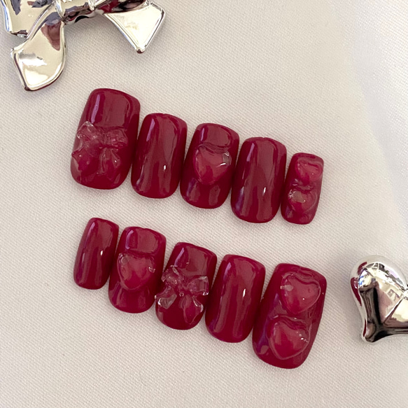 design227】レッド リボン ハートネイルチップ 2025年-2026年冬