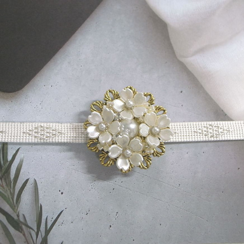 帯留め 帯留 桜＆パール 花 春 アンティークゴールド台座 帯留め