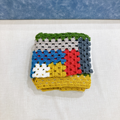 ブランケット マルチカバー 正方形 手編み ログキャビン ハンドメイド