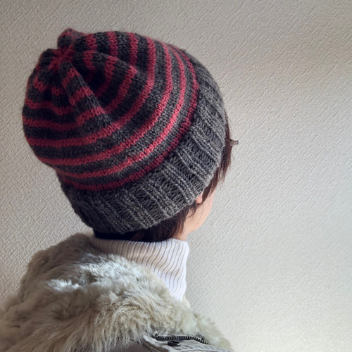 ボーダーニット帽【ピンク、薄茶色】 ニット帽・ビーニー