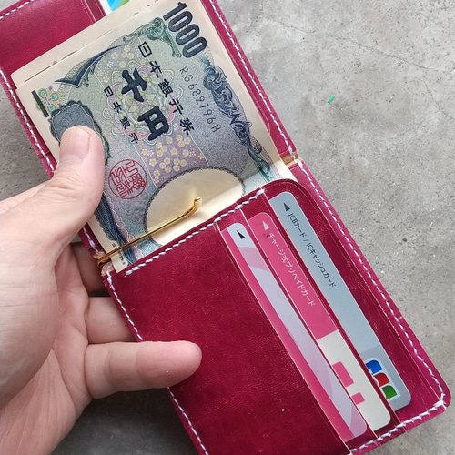 Sale!【受注製作】ヌメ革手染めエンジの小銭入れ付きマネークリップ