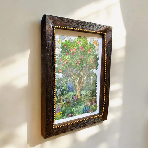 原画「秘密の庭の木」 ツリーのアート 絵画 植物 緑色 ガーデン 花