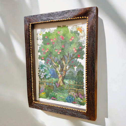 原画「秘密の庭の木」 ツリーのアート 絵画 植物 緑色 ガーデン 花