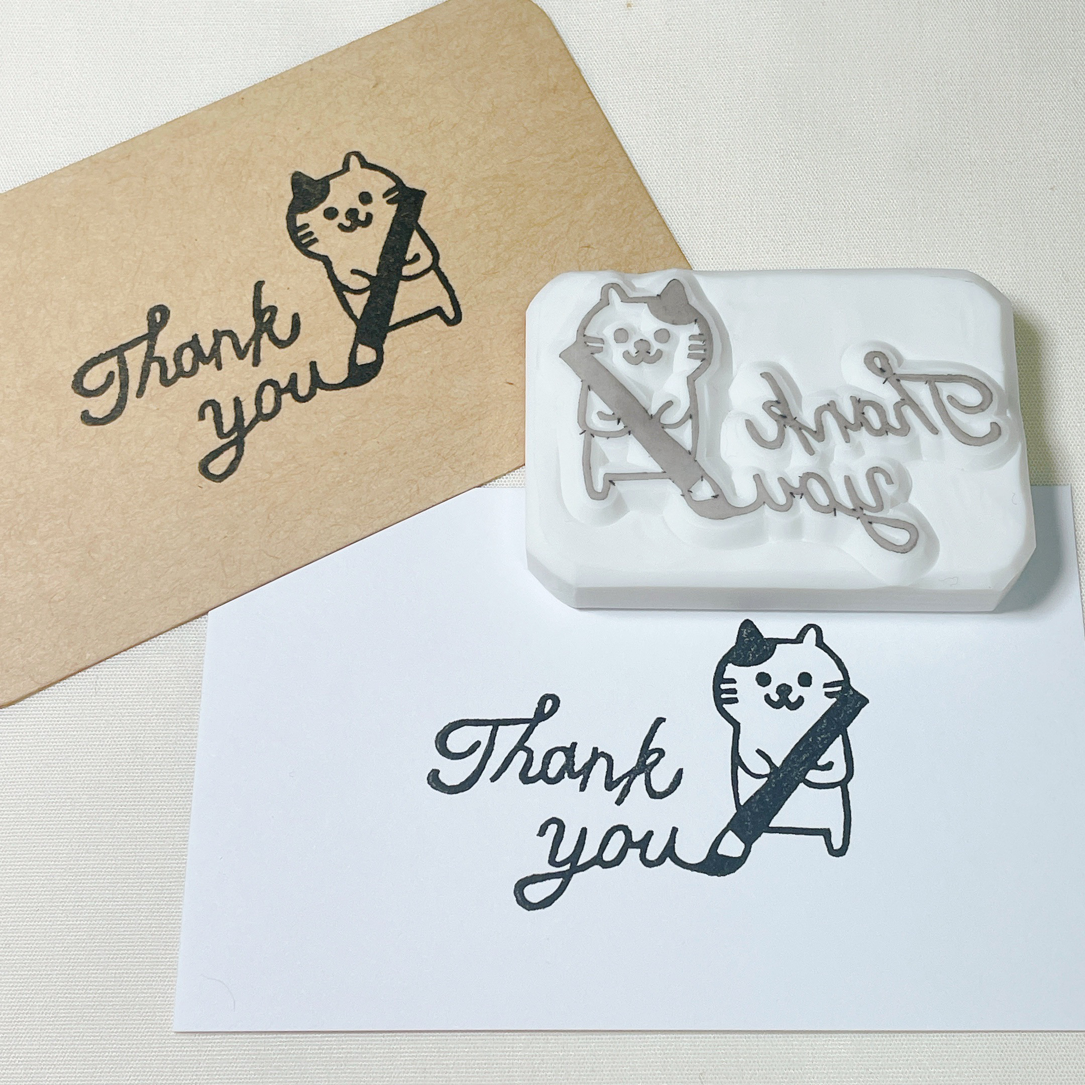 消しゴムはんこ　リアルねこさんとthankyou 消しゴムはんこ「ネコ・thank you」 | iichi 日々の暮らしを