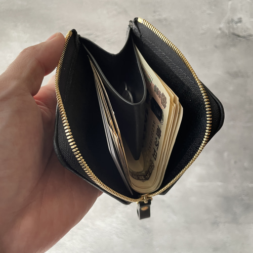 L字ファスナー財布 本革 黒色 ブラック シボ革 その他ミニ財布