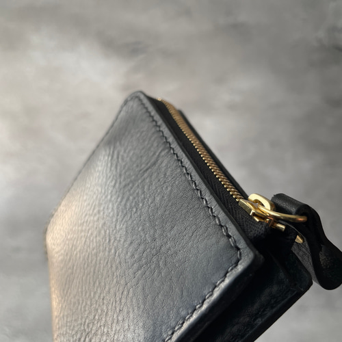 L字ファスナー財布 本革 黒色 ブラック シボ革 その他ミニ財布