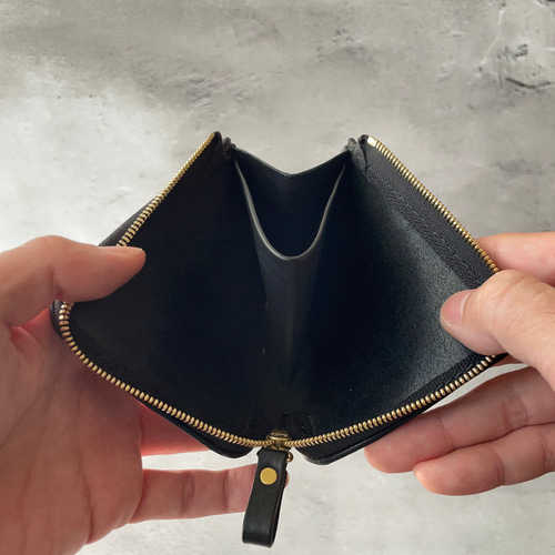 レザークラフト 特注黒色シボ革 L字ファスナー財布 黒色糸 受注製作