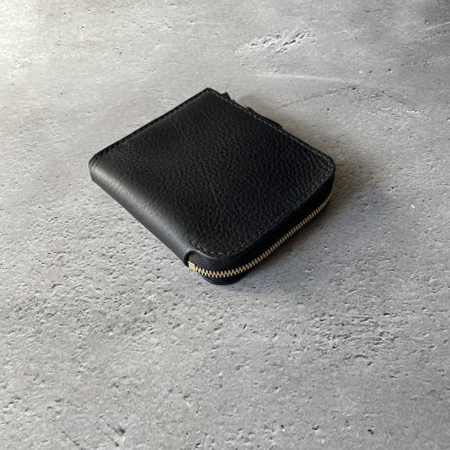 L字ファスナー財布 本革 黒色 ブラック シボ革 その他ミニ財布