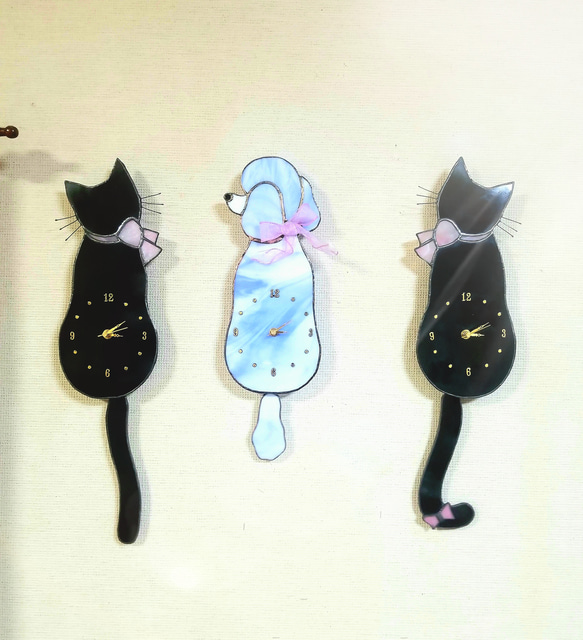 商売繁盛モチーフ ステンドグラス 黒猫のしっぽ振り時計