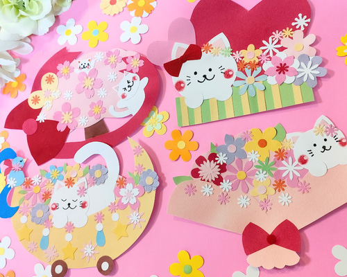 猫 桜 色紙 壁面 アルバム ラミネート ～四季の猫パーティー