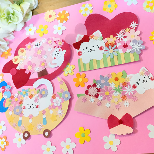 猫 桜 色紙 壁面 アルバム ラミネート ～四季の猫パーティー