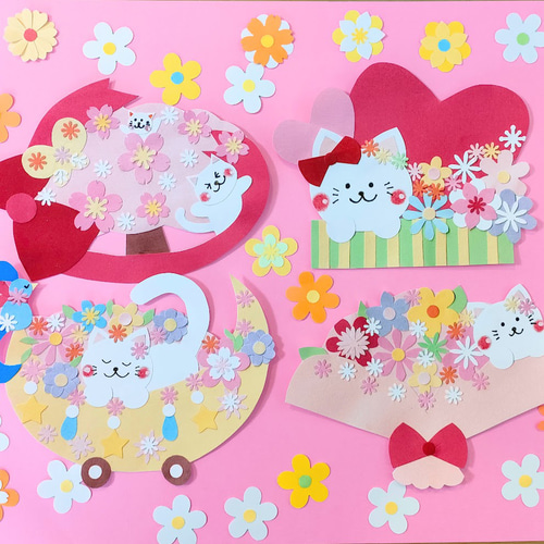 (クラフト309) 色紙 カード アルバム 卒園 卒業 入園 入学 動物 桜 花 猫 桜 色紙 壁面 アルバム ラミネート ～四季の猫パーティー