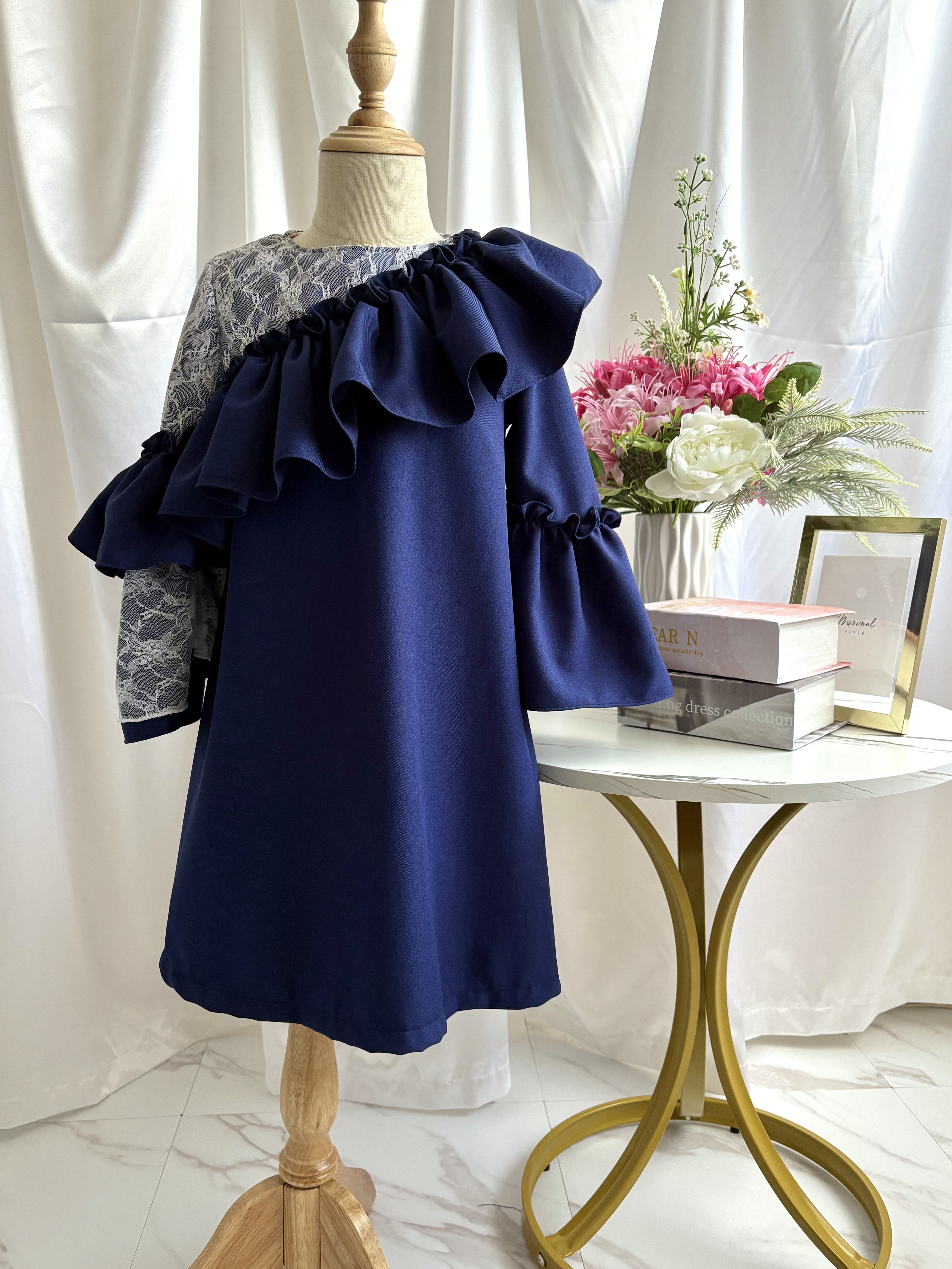 【140-160cm洗濯OK】アシンメトリーフレア装飾ドレスワンピース