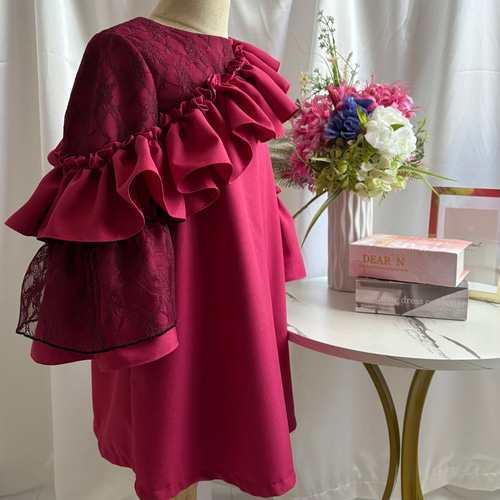 140-160cm洗濯OK】アシンメトリーフレア装飾ドレスワンピース 子供服