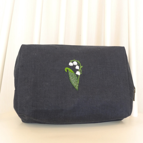 送料無料【手刺繍】ファスナーポーチ フランス刺繍 スズラン 麻 ポーチ