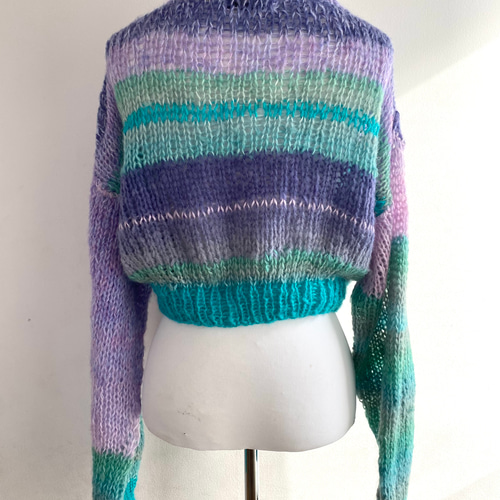 手編みモヘアニット 短丈 長め袖 ミックスカラー ローゲージ ニット