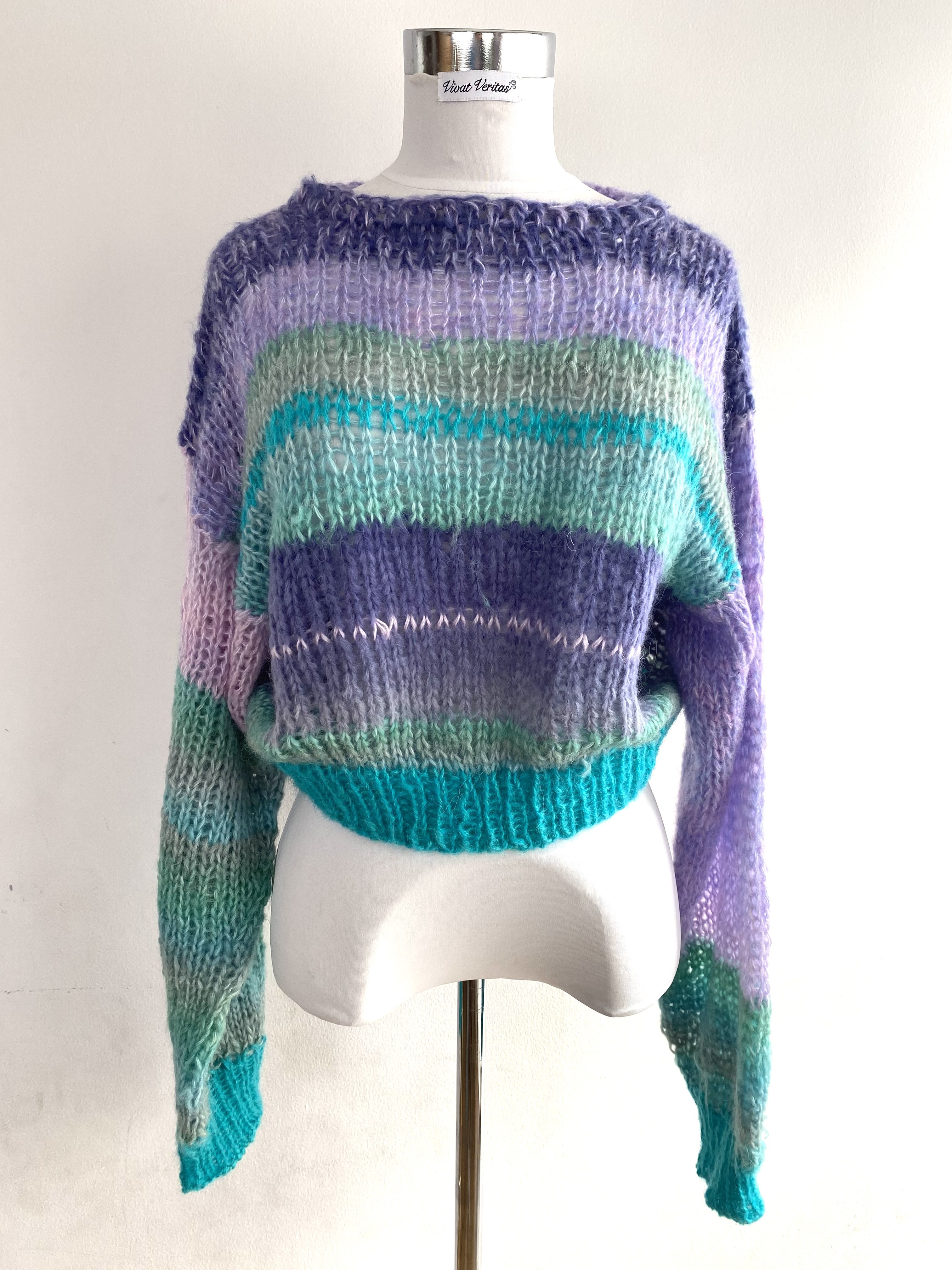 手編みモヘアニット　短丈　長め袖　ミックスカラー　ローゲージ